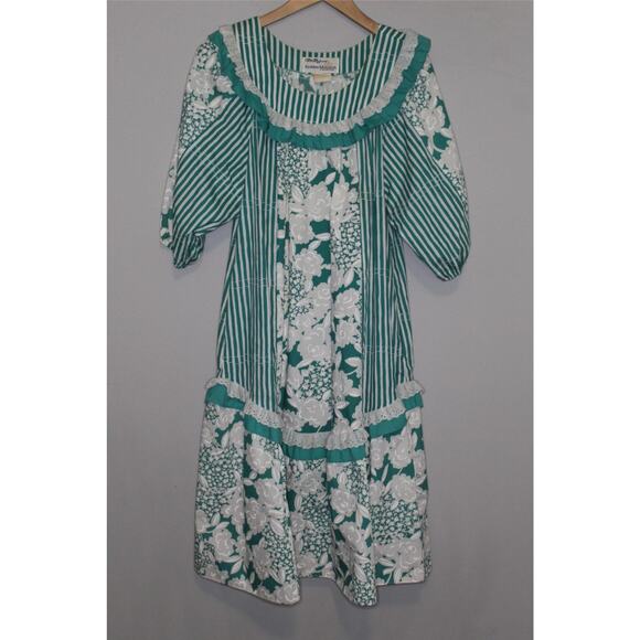 Vintage Tori Richard Floral Striped Muu Muu Ruffled Dress Green White Medium - Picture 5 of 16